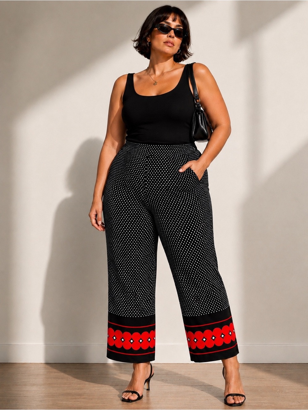 Black Polka Dot Wide-Leg Pants with Red Hem Accent
